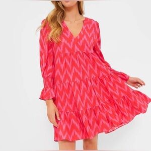Pomander Place Tiered Red-Pink Zig-Zag V-Neck Long Sleeve Dress Size L
